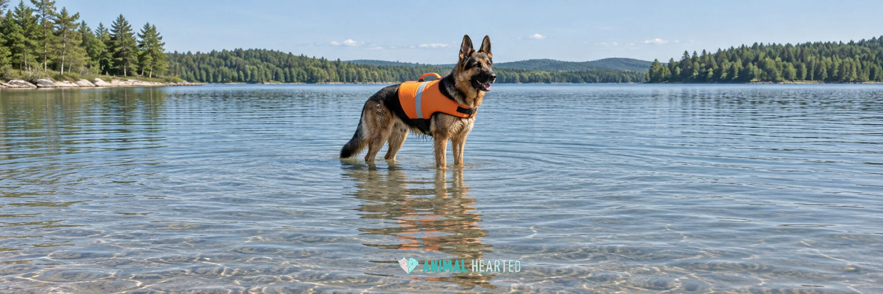 A German Shepherd in an orange dog life jacket with a handle on top standing in calm knee-deep lake water