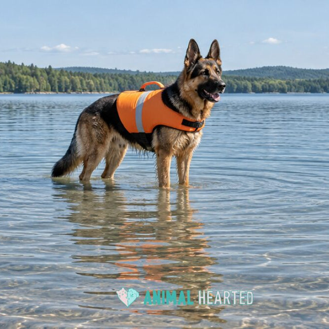 A German Shepherd in an orange dog life jacket with a handle on top standing in calm knee-deep lake water