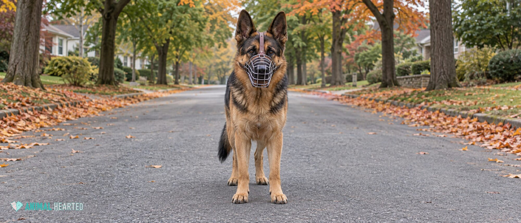 A German Shepherd wearing a wire basket muzzle walking down a tree-lined street