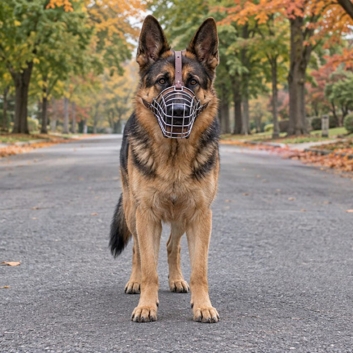 A German Shepherd wearing a wire basket muzzle walking down a tree-lined street