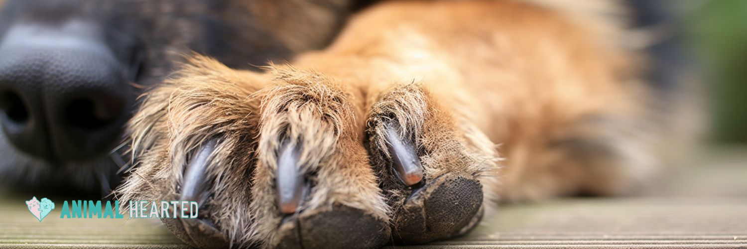 A close view of a dog's front paws with dark nails, resting on a wooden deck