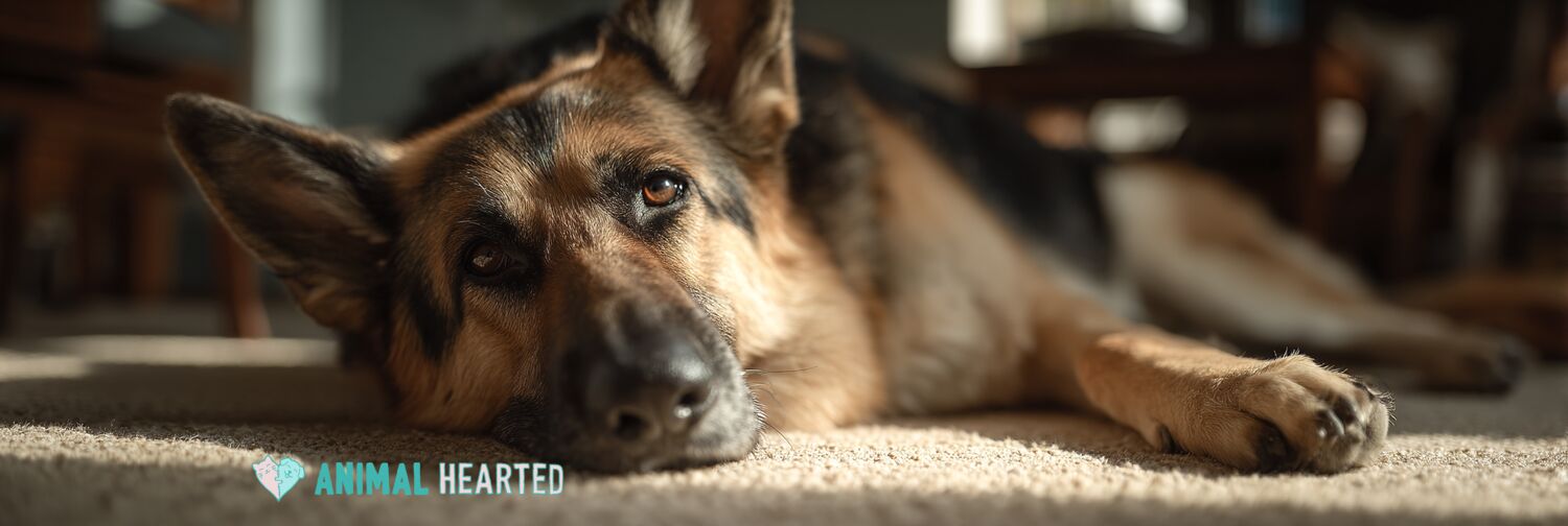 A German Shepherd lying on a carpet with its head down and one front paw stretched out in front of it