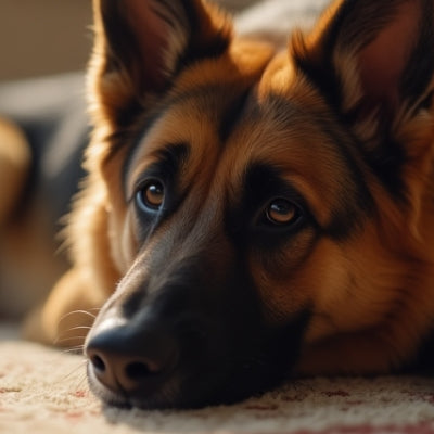 Close-up of a German Shepherd lying on a rug, bright window light, eye-level