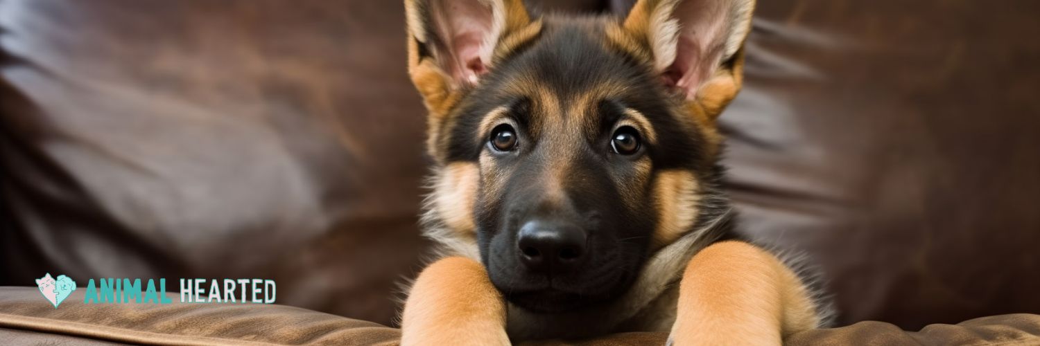 A German Shepherd puppy resting its front paws on the arm of a brown leather couch and looking at the camera