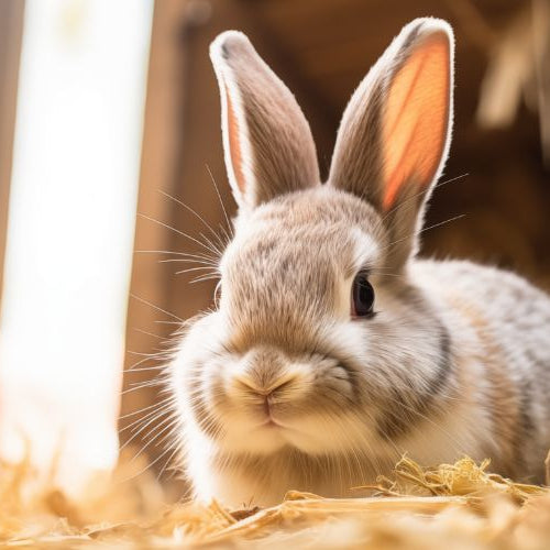 A small gray and white rabbit sitting in hay inside a wooden shelter, with wooden slats and daylight behind it