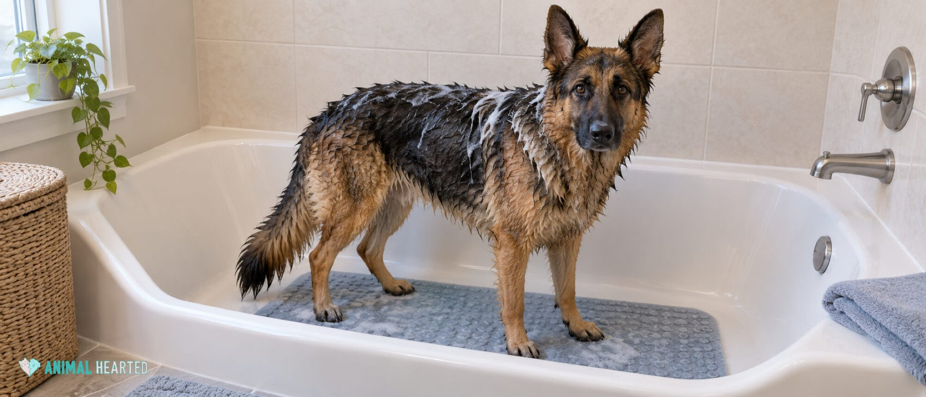 A wet German Shepherd standing on a mat in a white bathtub with a little white shampoo foam on its shoulders and back