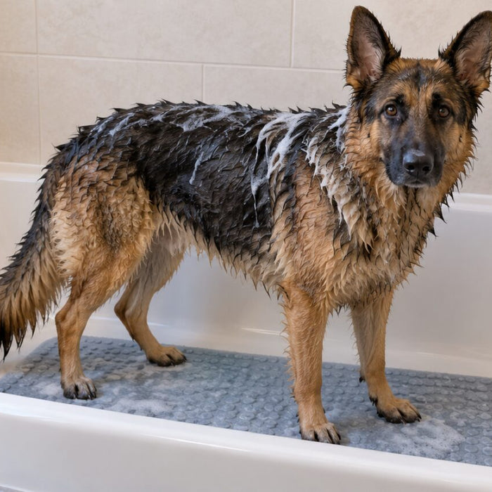 A wet German Shepherd standing on a mat in a white bathtub with a little white shampoo foam on its shoulders and back