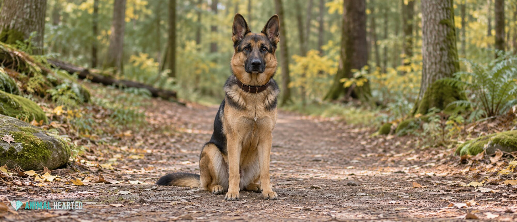 A German Shepherd sitting on a forest dirt trail covered in fall leaves, facing the camera with its ears upright and a brown leather collar on