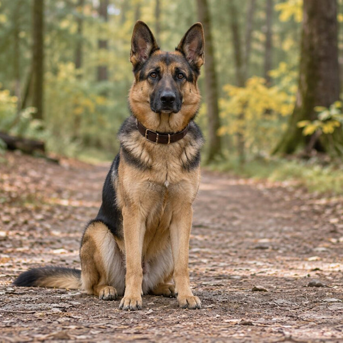 A German Shepherd sitting on a forest dirt trail covered in fall leaves, facing the camera with its ears upright and a brown leather collar on