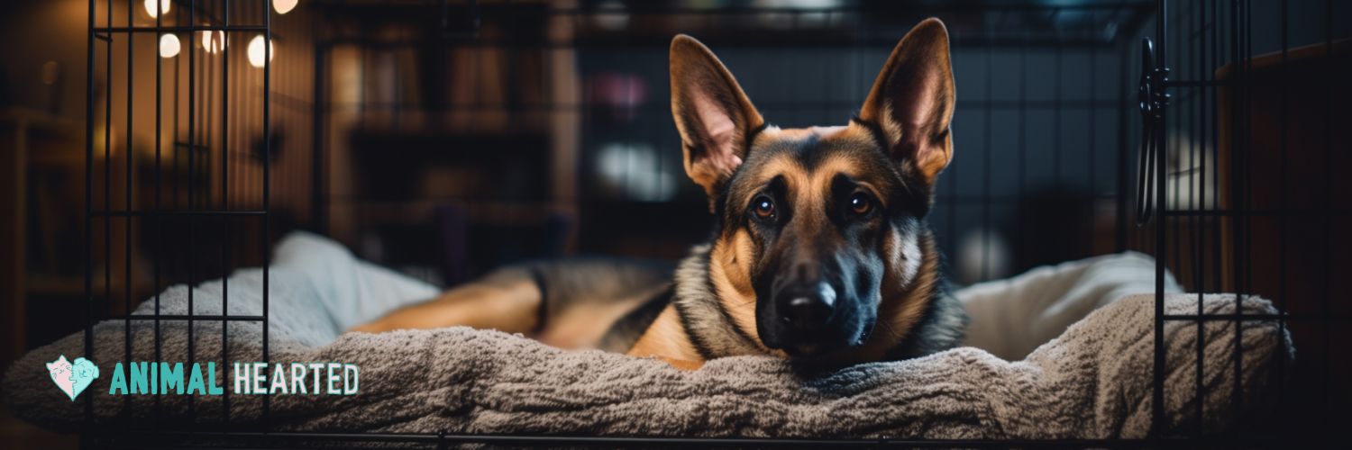 A German Shepherd lying on a gray blanket inside a black wire dog crate, looking at the camera
