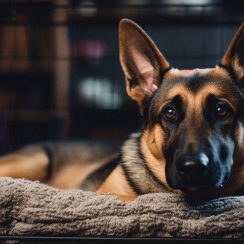 A German Shepherd lying on a gray blanket inside a black wire dog crate, looking at the camera