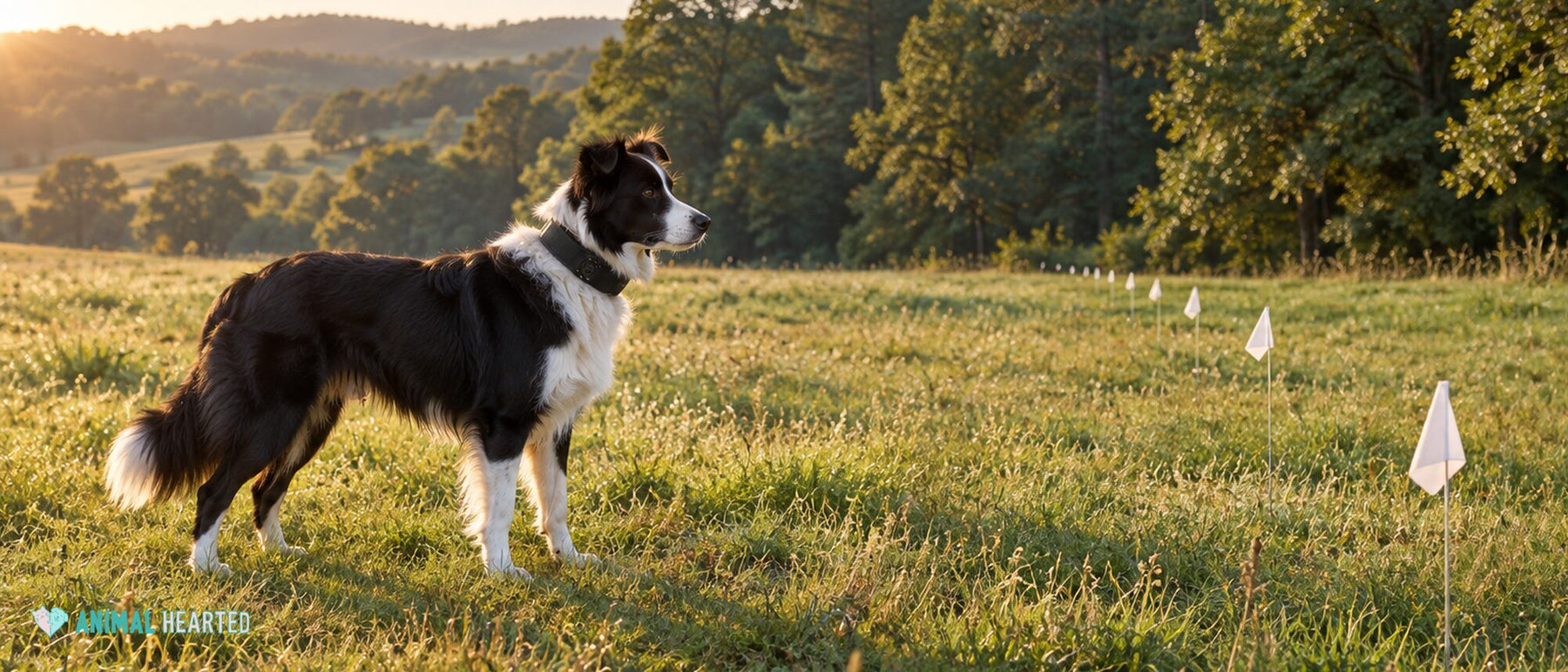 Black and white Border Collie wearing a GPS collar standing in a pasture near a row of white training flags