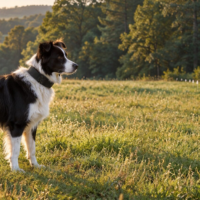 Black and white Border Collie wearing a GPS collar standing in a pasture near a row of white training flags