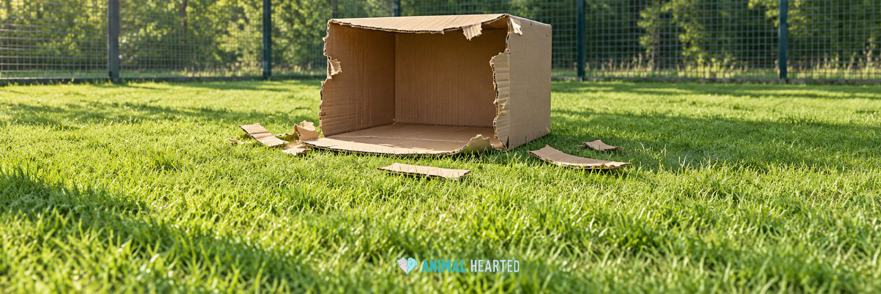 A large cardboard box with torn, ragged edges lying on its side on a sunny lawn inside a wire-mesh fence, with shredded cardboard strips on the grass around it