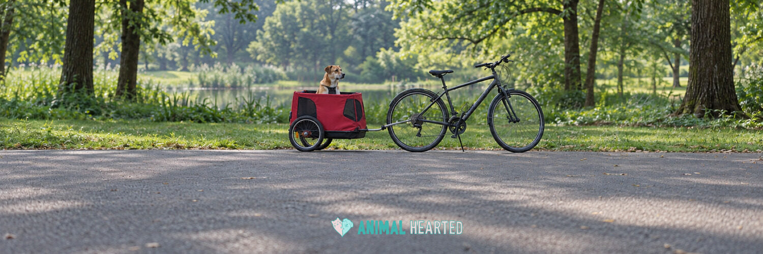 A tan and white dog sitting upright in a red bike trailer hitched to a parked bicycle on a paved path in a park