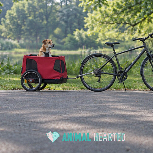 A tan and white dog sitting upright in a red bike trailer hitched to a parked bicycle on a paved path in a park