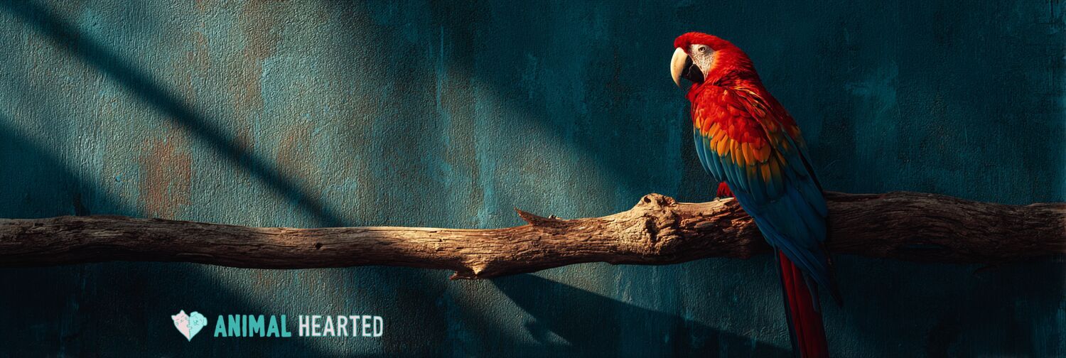 Scarlet macaw perched on a driftwood branch in golden hour light