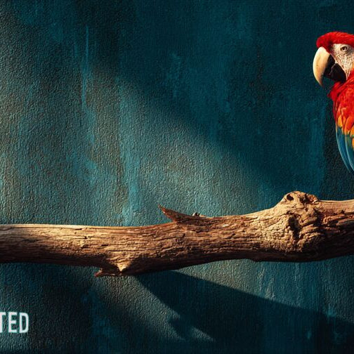 Scarlet macaw perched on a driftwood branch in golden hour light