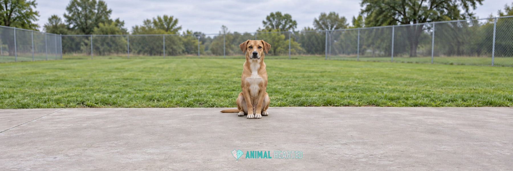 A tan dog with a white chest sitting on a concrete patio in front of a grass yard with a chain link fence and trees behind it