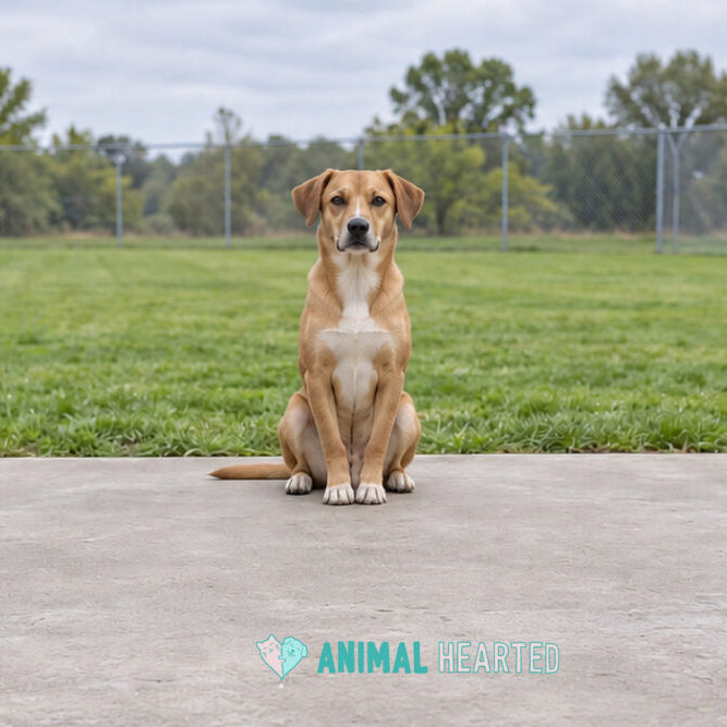 A tan dog with a white chest sitting on a concrete patio in front of a grass yard with a chain link fence and trees behind it