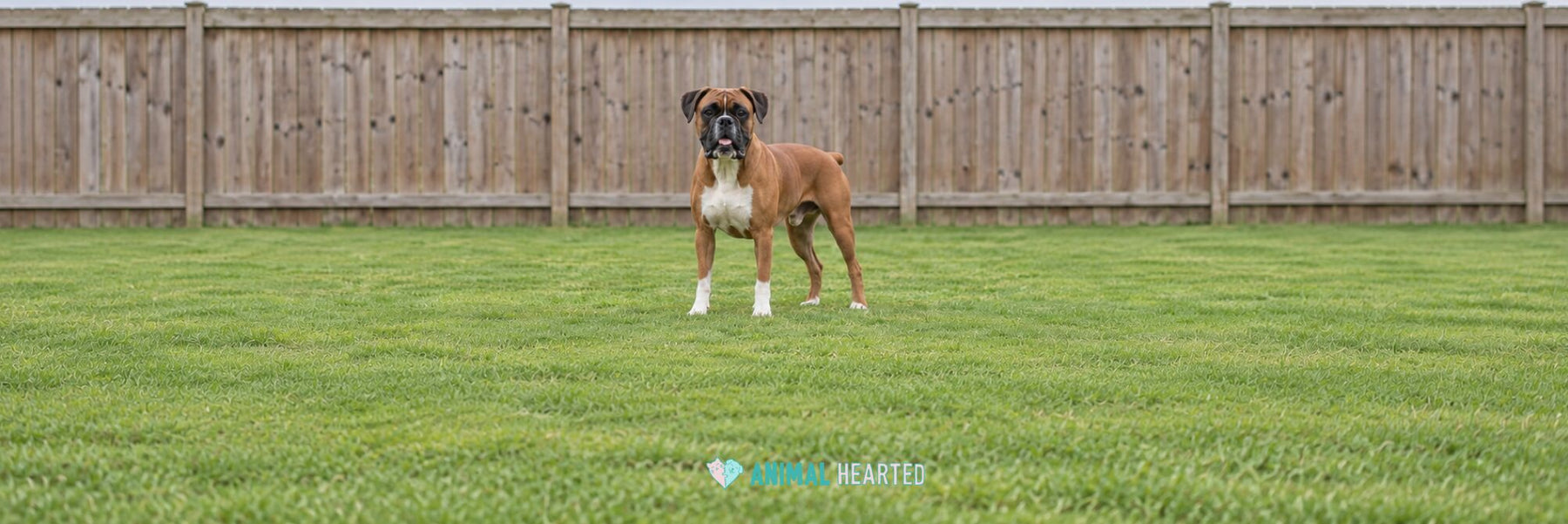 A fawn Boxer with white markings standing on a mowed lawn in front of a tall wooden fence