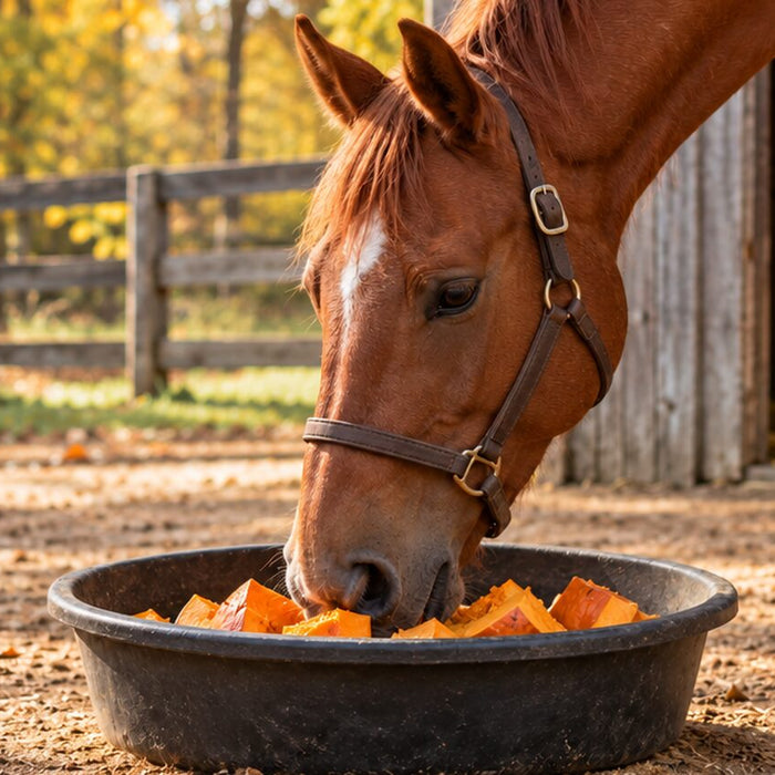 Chestnut horse with a white star and a leather halter eating cut orange pumpkin from a black rubber feed pan in a fall paddock