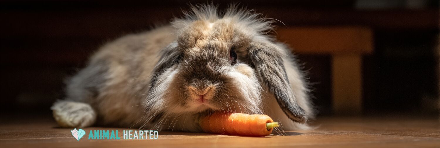 fluffy lop-eared rabbit holding a baby carrot on a wooden kitchen floor