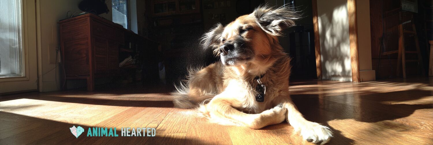 mixed-breed dog scratching itself on a sunlit hardwood floor