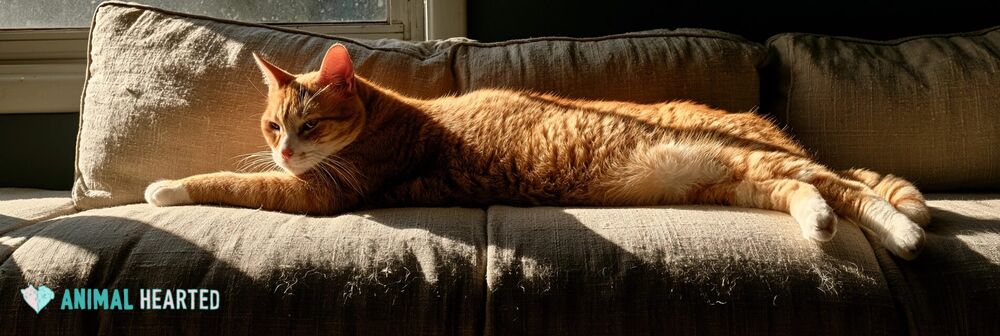 Orange tabby cat relaxing on a worn linen couch in a sunlit living room