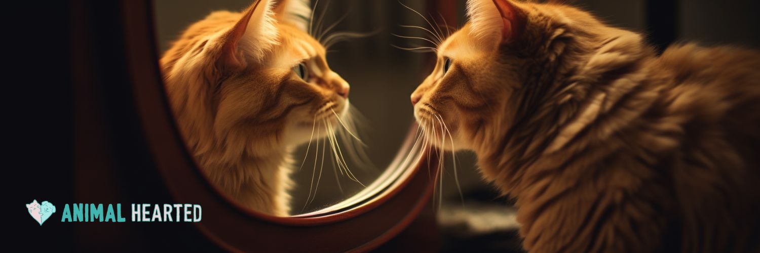 Cat staring into its own reflection in a mirror