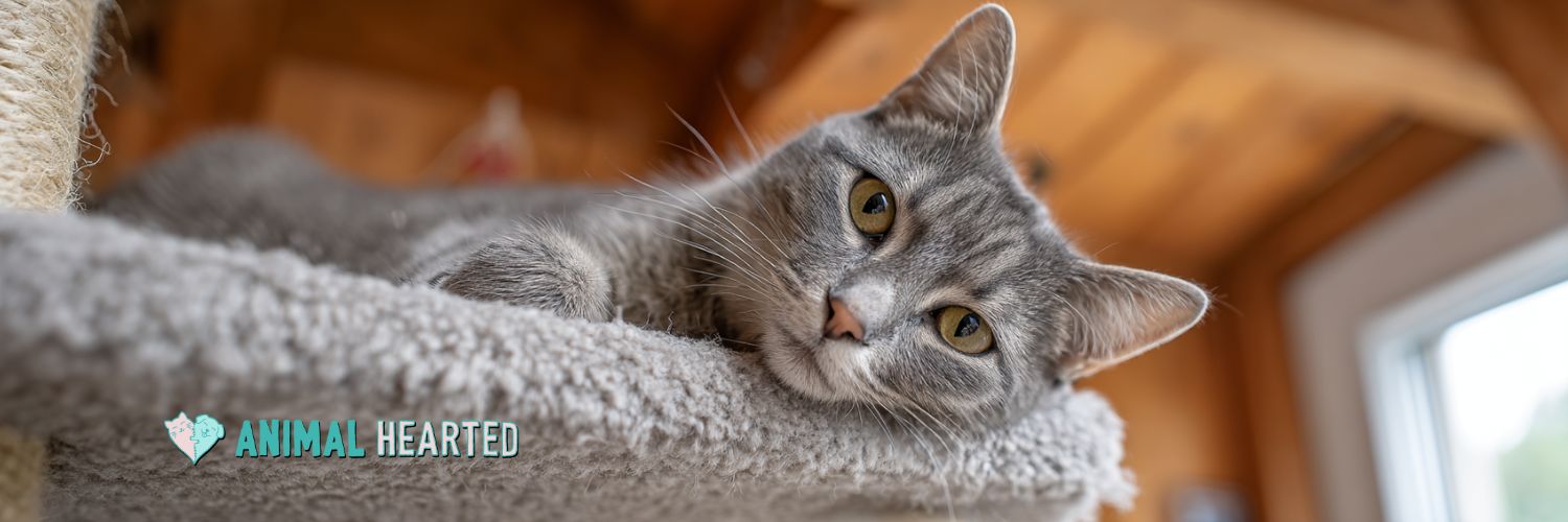 Gray cat resting on an elevated indoor surface looking down with an alert but relaxed expression