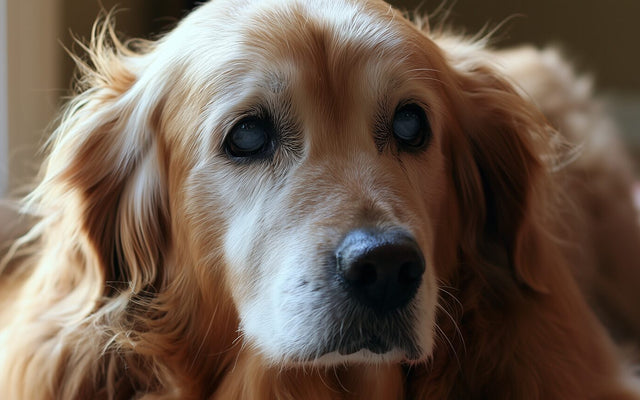 Senior golden retriever showing gentle cloudy eyes from natural aging in warm window light