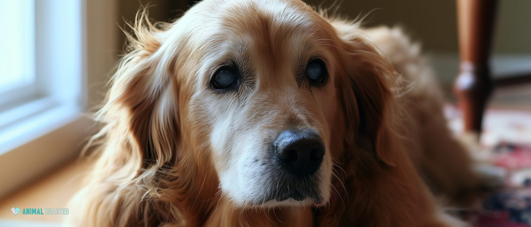 Senior golden retriever showing gentle cloudy eyes from natural aging in warm window light