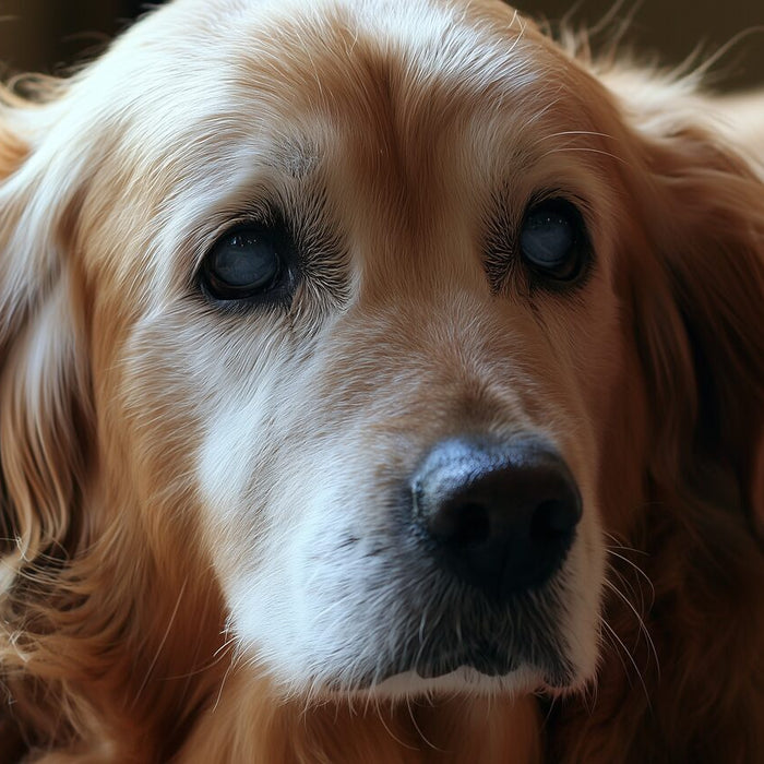 Senior golden retriever showing gentle cloudy eyes from natural aging in warm window light