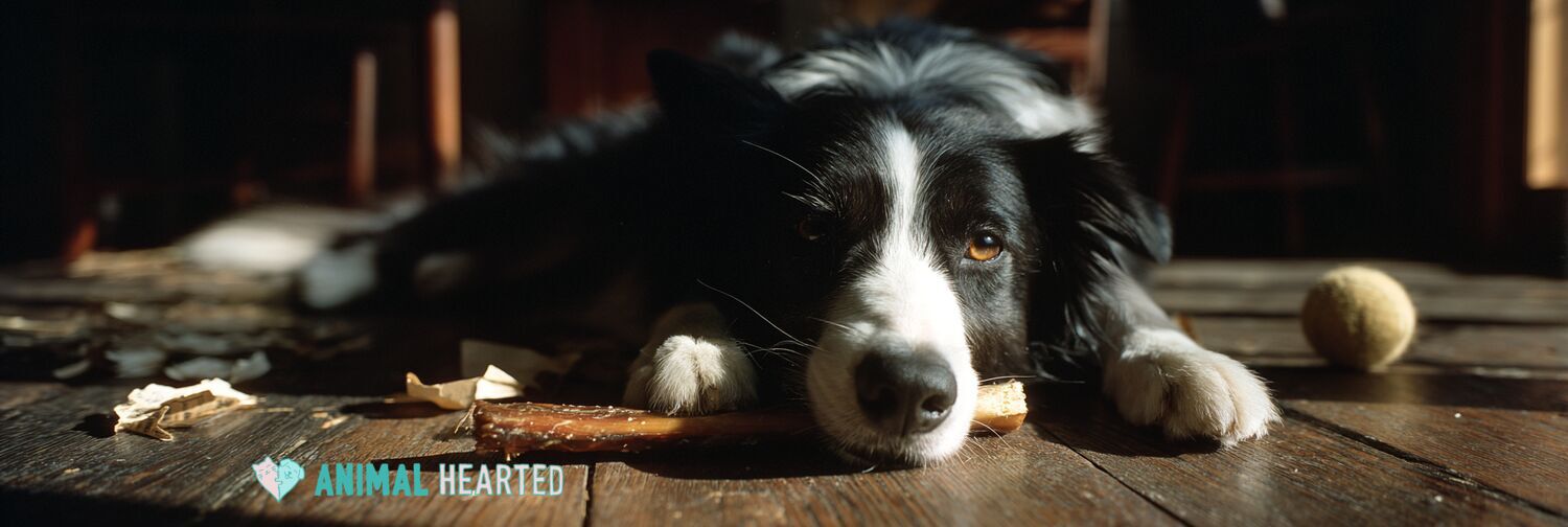 Anxious border collie chewing a bully stick on a hardwood floor