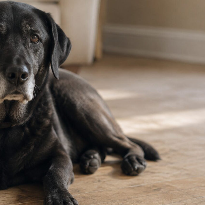 Older black Labrador Retriever with a gray muzzle lying on a wood floor in a sunlit living room