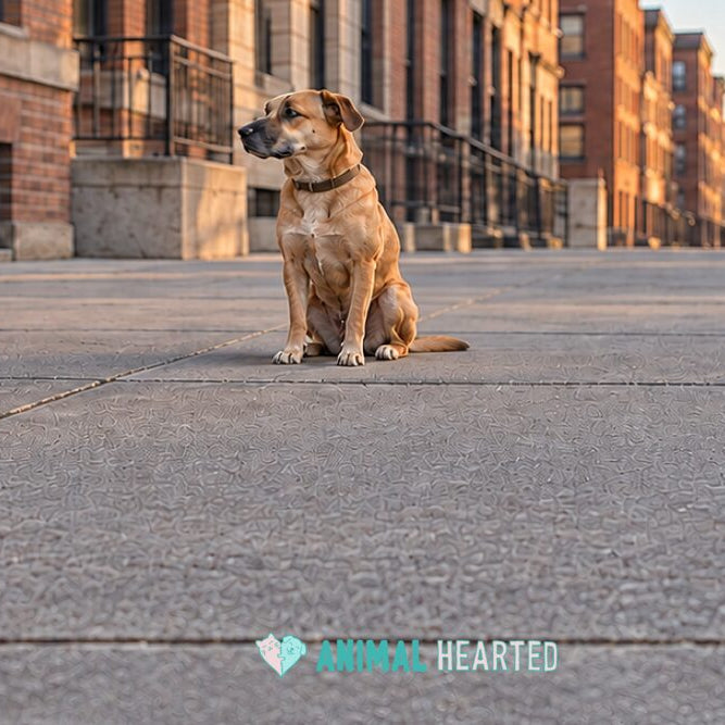 A tan dog wearing a collar sits on a wide paved sidewalk lined with brick apartment buildings at dusk