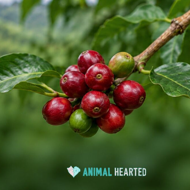 A cluster of ripe red and green coffee cherries on a branch with glossy green leaves