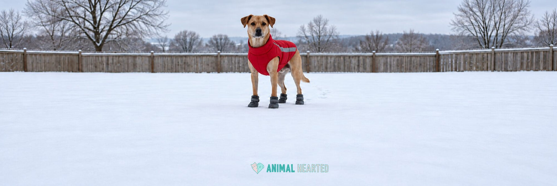 A short-coated tan dog standing in a snowy fenced yard in a red insulated jacket with a gray reflective stripe and dark gray boots
