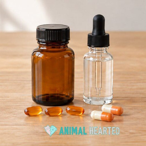 An amber supplement bottle and a glass dropper bottle on a light wood table with three orange soft gels and two orange and white capsules in front