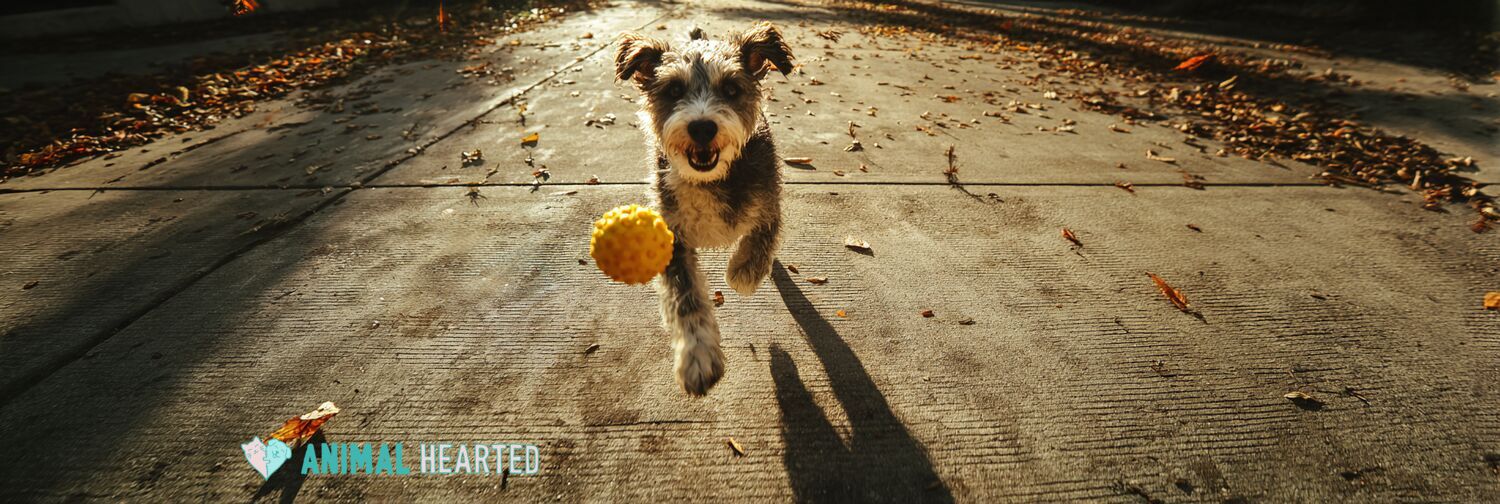 Scruffy mixed breed terrier leaping to catch a bright yellow rubber dog toy at golden hour