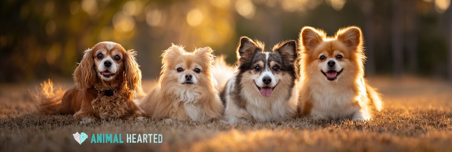 Four small fluffy dogs lying side by side on dry grass in golden evening light