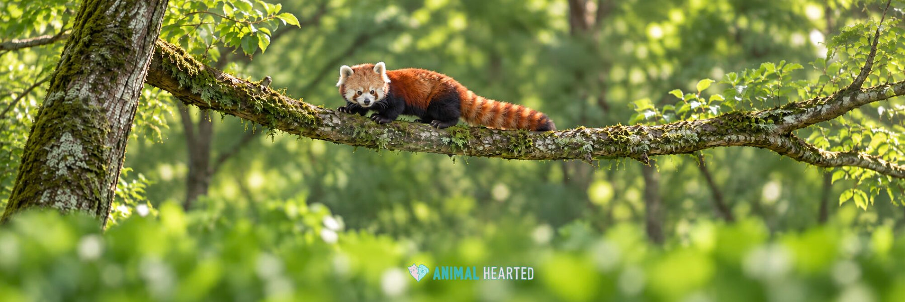 A red panda walking along a mossy tree branch among green leaves