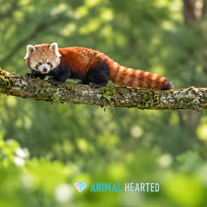 A red panda walking along a mossy tree branch among green leaves