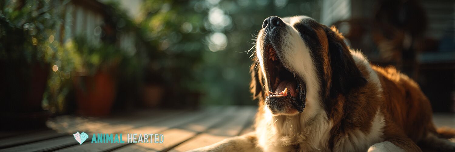 Dog yawning wide on a sun-dappled porch in golden hour light