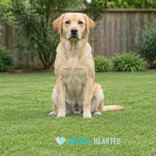 A yellow Labrador retriever sitting upright on a short green lawn in front of a low wooden fence