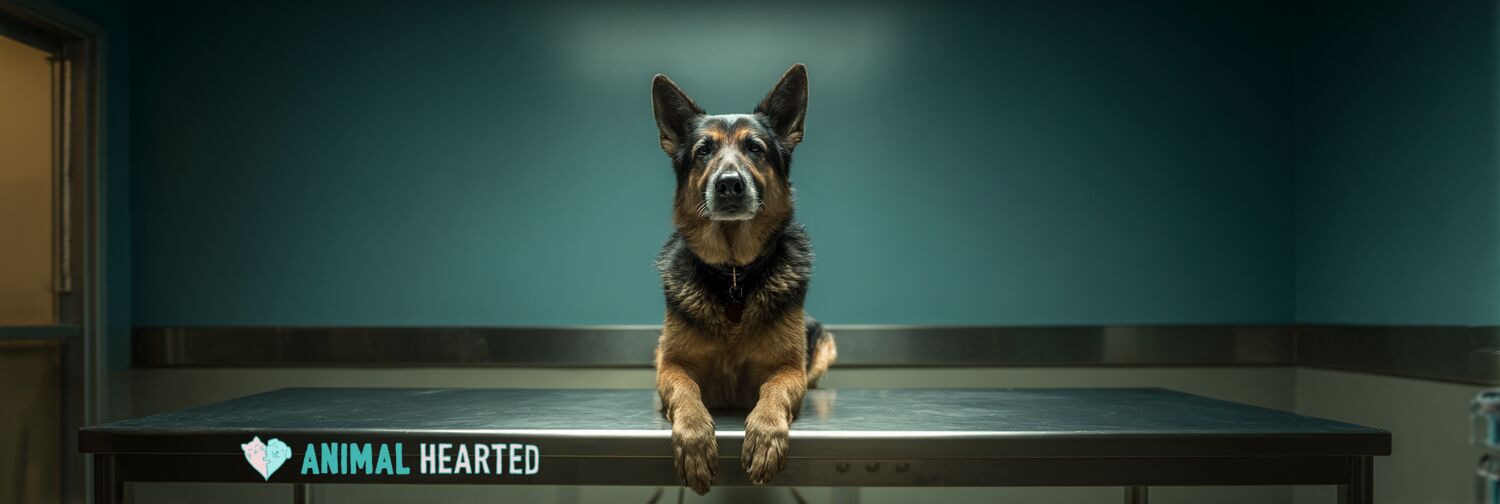 German Shepherd in veterinary exam room