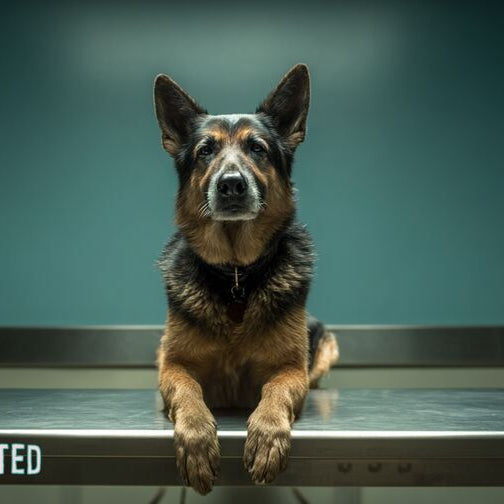 German Shepherd in veterinary exam room