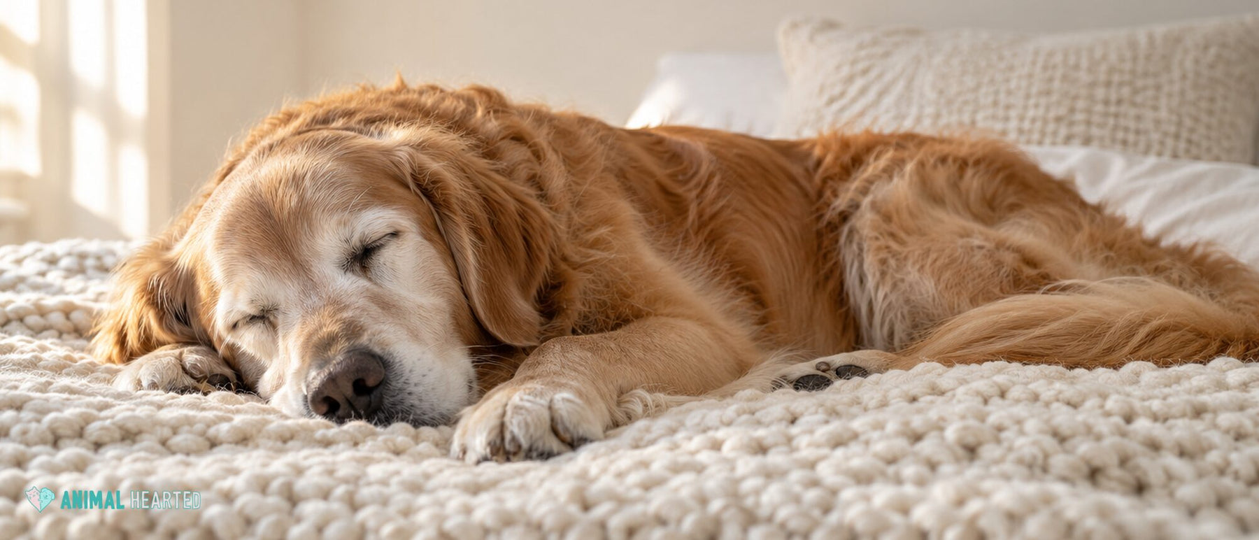 Senior golden retriever with a gray muzzle asleep on a cream knit blanket in morning window light