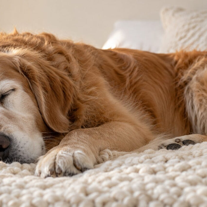 Senior golden retriever with a gray muzzle asleep on a cream knit blanket in morning window light